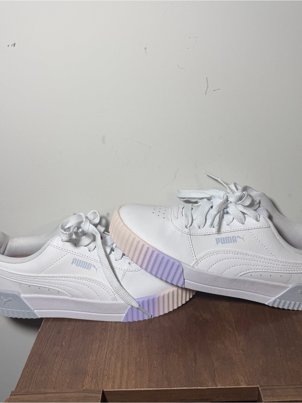 Puma White Low-Top Sneakers with Lavender and Peach Gradient Sole
